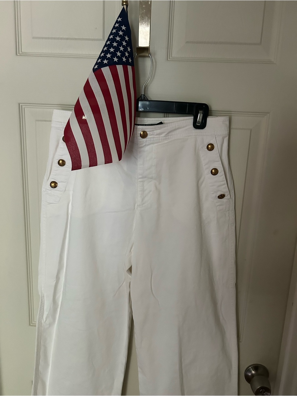 Lauren Ralph Lauren White Cotton & Elastane Wide Leg Pants - w/Brass Buttons